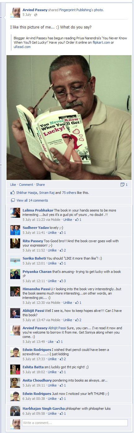Screen shot to show the response evoked on my FB page by this picture of me reading this book