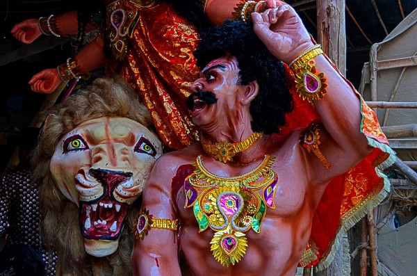 Durga Puja 2015. This demon is terrified to even see the lion so near... ha! ha!