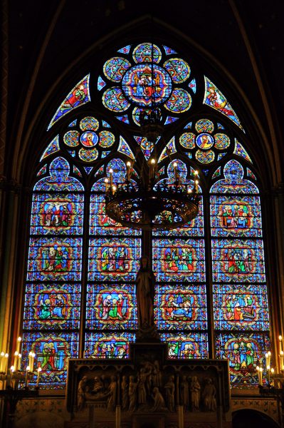 Entire stories in stained glass work. Notre-Dame Cathedral. Paris. 2014