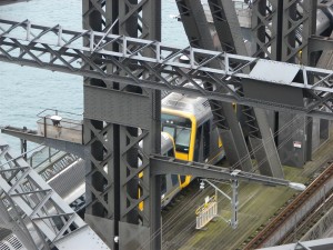 The city rail on the bridge... seen from the top of the Pylon...