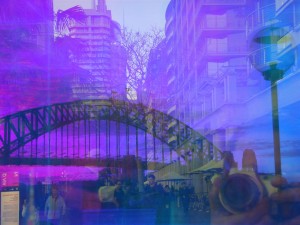 Sydney reflected in the lightboxes kept out on the promenade near the Opera House...