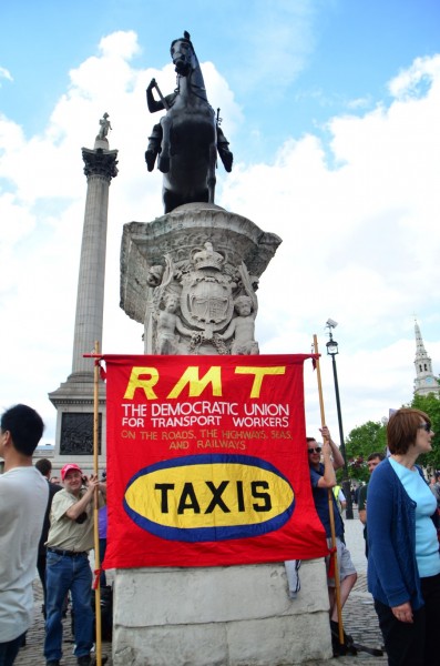 London Cab strike. 11 June 2014. Hub of the strike at Trafalgar Square...