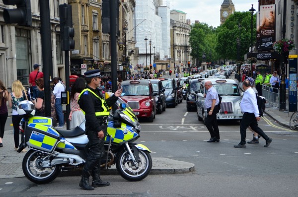 London Cab strike. 11 June 2014. The strike and the long lines of cabs converging on Trafalgar Square...