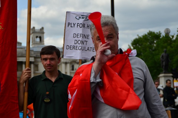 London Cab strike. 11 June 2014. Cab horns and vuvuzelas or the lepatata Mambu (its Tswana name), a plastic horn add to the impact! 01