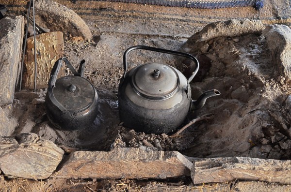 Two kettles in a Bedouin tent in Wadi Rum in Jordan