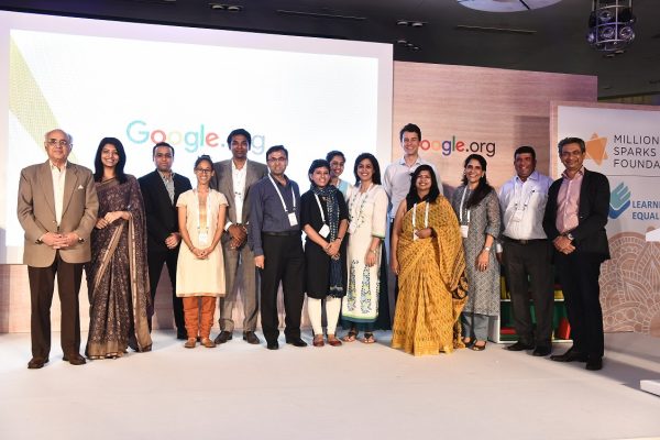 Grantees Learning Equality, Million Sparks Foundation, Pratham Books StoryWeaver, and Pratham Education Foundation along with Rajan Anandan, VP South East Asia and India, Google and Nick Cain, Program Manager Education, Google.org present at Google.org event in New Delhi.