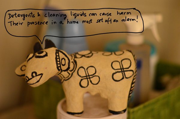 The moo-rap of an artsy cow_of detergents and cleaning liquids