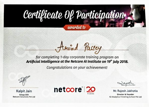 Certificate of participation_Netcore workshop on Artificial Intelligence